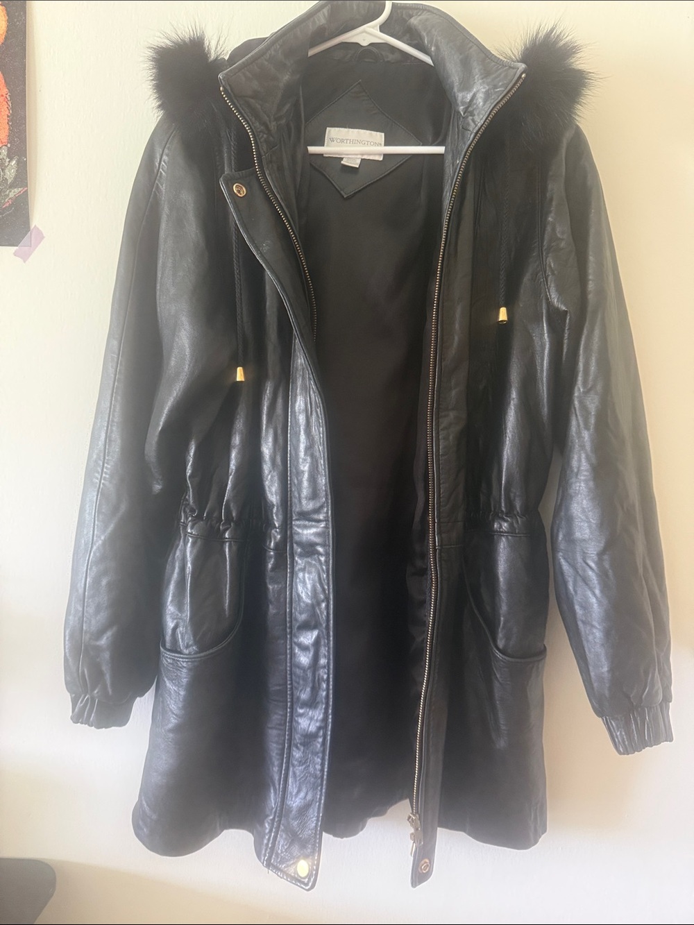 Worthington Black Leather Hooded Jacket with Fur Trim